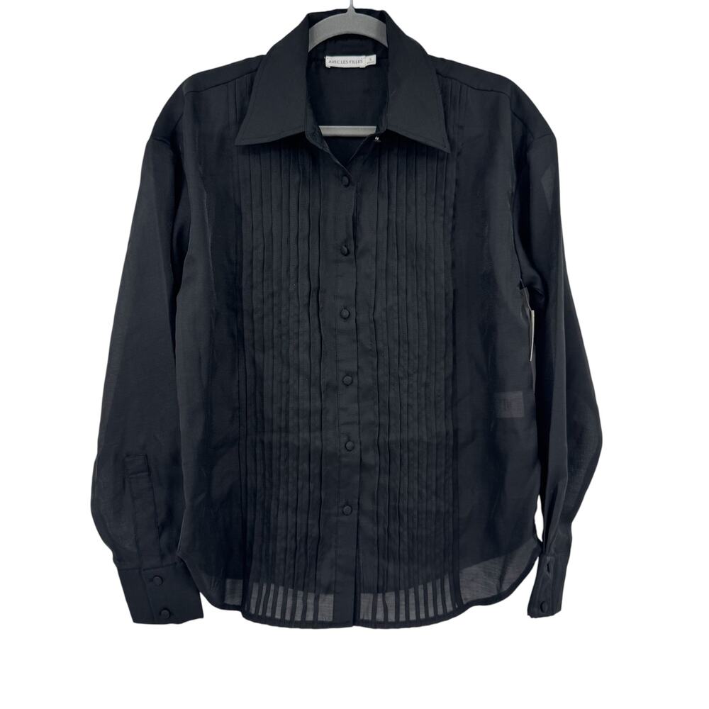 Avec Les Filles Womens Long Sleeve Button Up Shirt Top Pleated Black Small NWOT